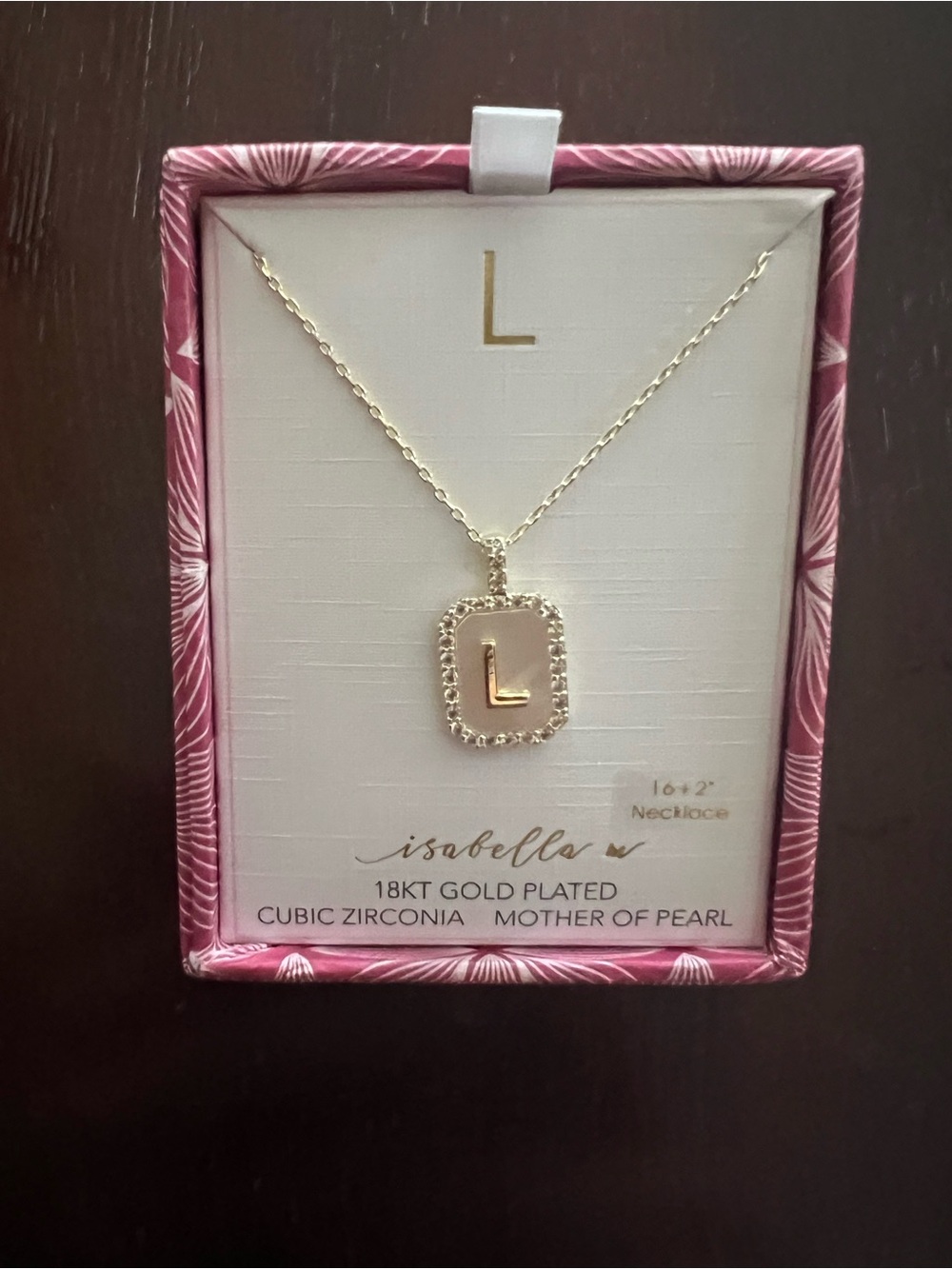 Isabella L initial 18k gold plated cubic zirconia mother of pearl 16” necklace